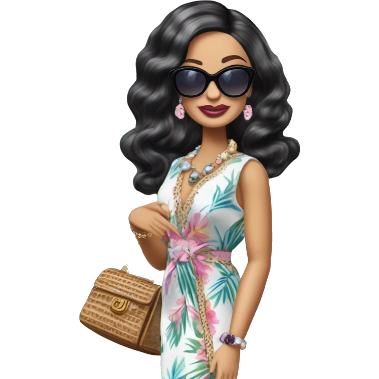 Palm Beach Breeze Barbie Wednesday Addams ,white skin, full body visible, wavy hair,handbag, earrings,floral caftan,small 2 piece, sunglasses,heels,holding yorkie Miss Thang emoji