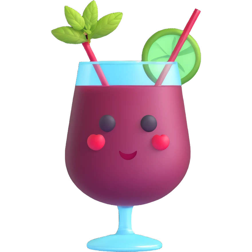 3D emoji style cocktail glass with burgundy drink and a mint sprig emoji