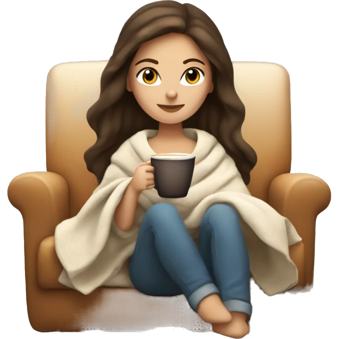 Brunette white girl covered in blanket autumn vibe sitting on a cozy chair holding coffee,  emoji