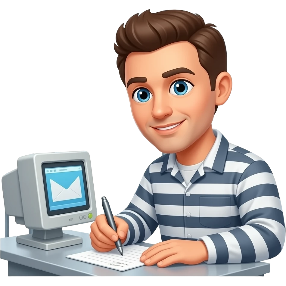 Caucasion Guy in prison writing an EMAIL request to 2 guys back at office for promotion material emoji