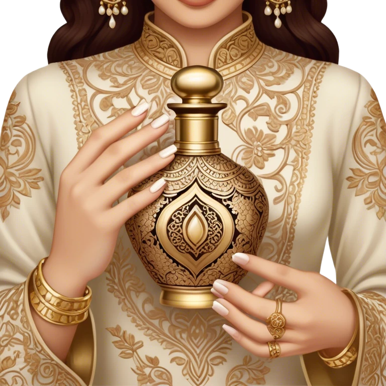 A mesmerizing close-up of henna-adorned hands delicately holding an ornate perfume bottle. The deep, intricate henna patterns beautifully contrast against the soft skin, while the luxurious gold-embellished bottle exudes opulence and tradition. emoji