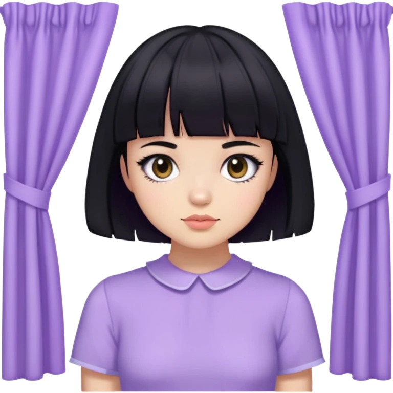 A girl with black short hair and curtain bangs wearing a lavender y2k outfit  emoji