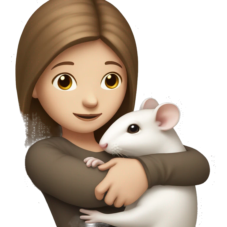 white girl with straight long brown hair hold and hug white rat emoji