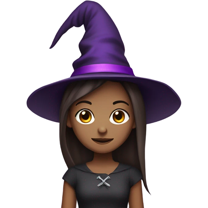 a young white thin girl with straight brown hair and dark eyes dressed as a witch with purple hat emoji