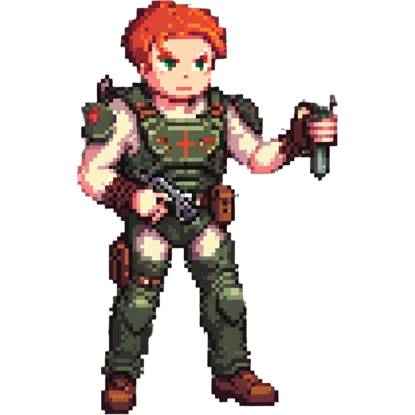 a SNES box art image of a man in military gear disarming a IED inside of a toolshed, dramatic single overhead lamp, he has red hair and a face like retro doomguy emoji