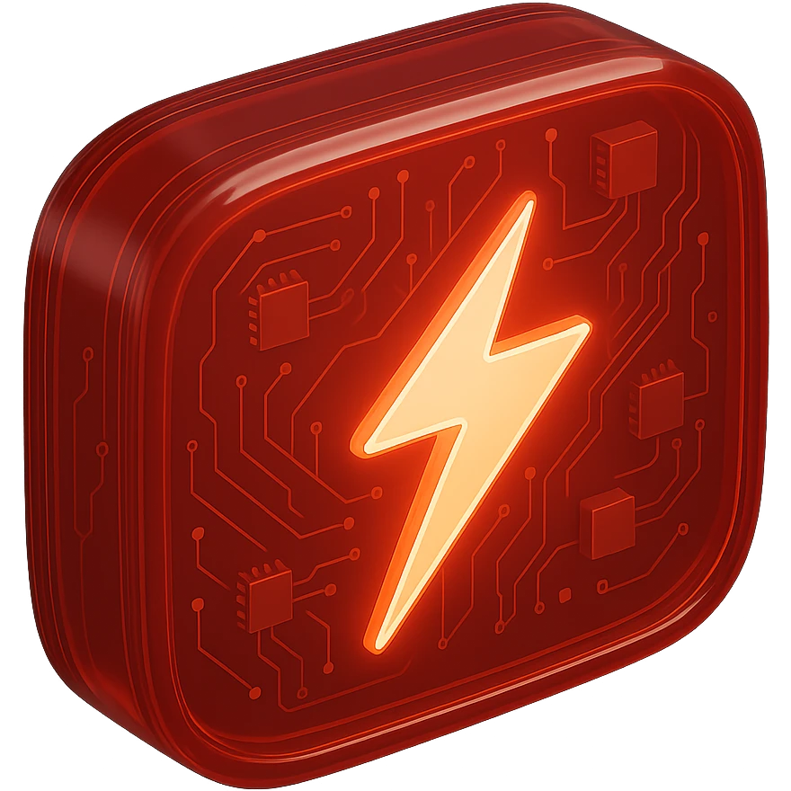 Add a glowing effect to the white lightning bolt inside the YouTube logo, keep the glossy circuit style with a red background. emoji