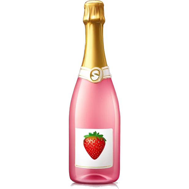 Realistic pink champagne bottle and pink clear glass full of the champagne with a strawberry in it. emoji