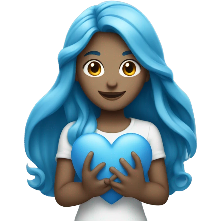 white girl with long blue hair holding a blue heart emoji