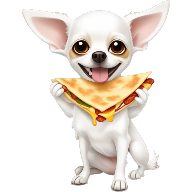 Long-haired white Chihuahua with reddish-brown markings eating a quesadilla emoji