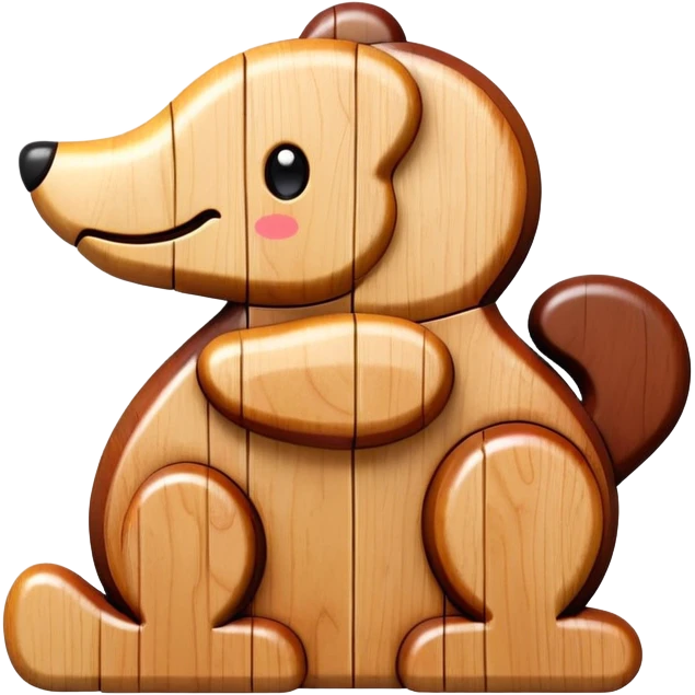 A wooden puzzle animal character with interlocking pieces and a happy expression emoji