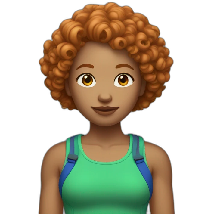 Curly Ginger woman, green crop top, blue shorts, light skin emoji