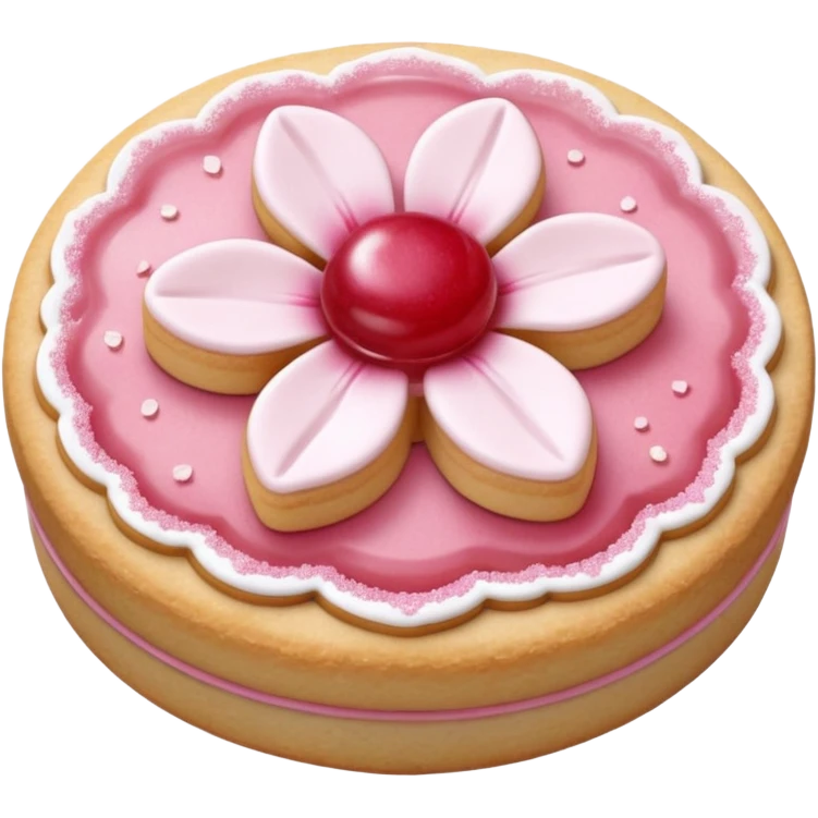 Realistic shortbread cookie in the shape of a cherry blossom with pale pink color jelly middle filling and sprinkled powder sugar on top. emoji