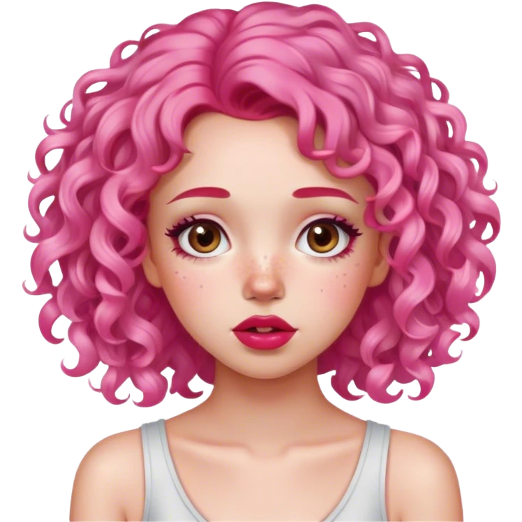 Cute girl with freckles, pink curly hair, pink makeup and red lips, she's embarrassed emoji