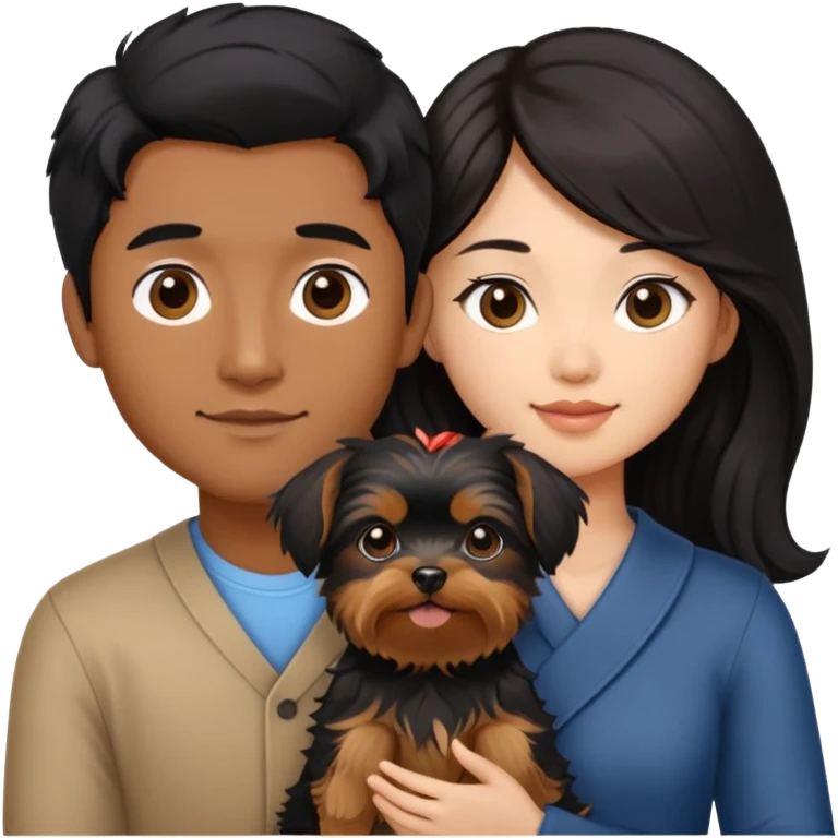 A couple holding a small Yorkshire Terrier together. The girl is Asian with long, luscious wavy black hair (loose, no hair tie). She is next to her boyfriend, a brown-skinned man with short middle part hair emoji