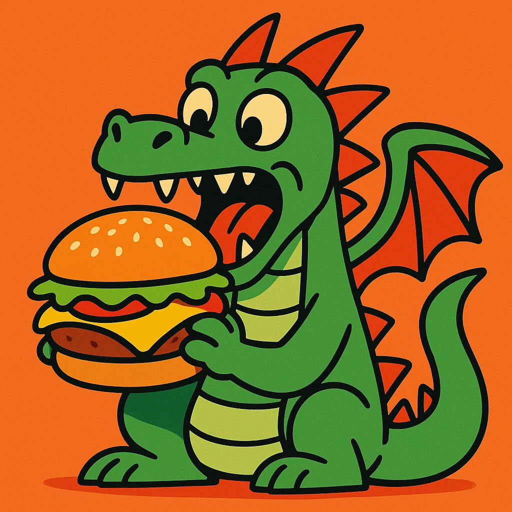 a dragon eating a cheeseburger, vibrant cartoon style emoji