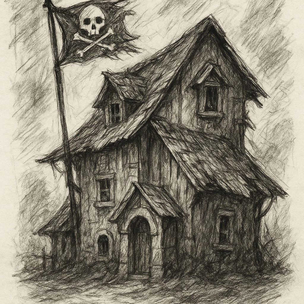 old pirate's house with skull flag emoji
