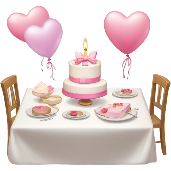 pink romantic party setting for two people and heart balloon  table with white cloth and candle with bows on the table and white Korean cake emoji