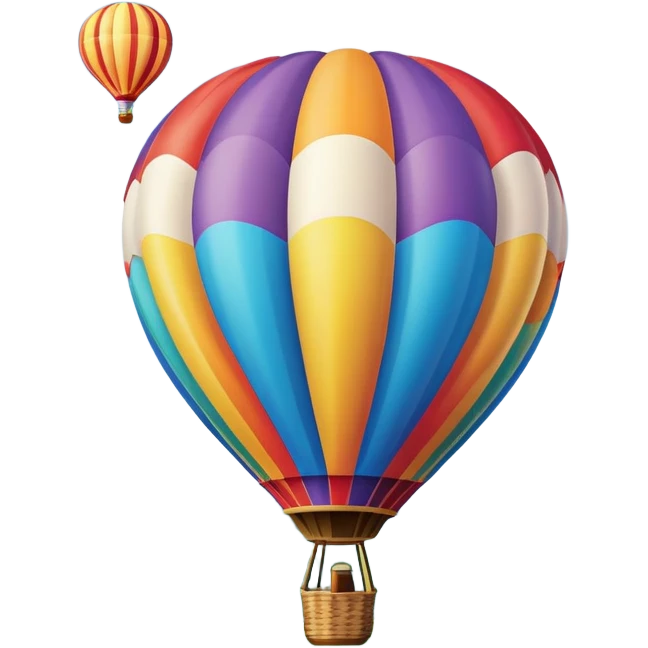 A colorful hot air balloon floating gracefully above the ground, with a clear sky and distant hills in the background. The balloon's vibrant colors stand out against the soft clouds, capturing the peaceful yet adventurous spirit of hot air ballooning. emoji