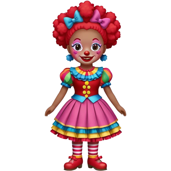 A 2D digital illustration of a cheerful female clown doll designed as the mascot for "O Mundo da Alegria", a circus run by women. The doll is wearing a red short-sleeve shirt with a red vest, and a colorful multicolor skirt featuring hues from the established palette (#da292a red, #dc6a68 pink, #e6b031 gold, #0cc0df light blue, #7ed957 green). She has small green bows on her head, rosy pastel pink cheeks, big expressive eyes, and curly black hair. The doll’s skin is warm brown. The image should be centered in a round white background (no yellow or other background color). The style should be cute, charming, vibrant, and full of joy, representing inclusivity, female empowerment, and circus magic. This is the official character and logo image for the Mundo da Alegria universe. emoji