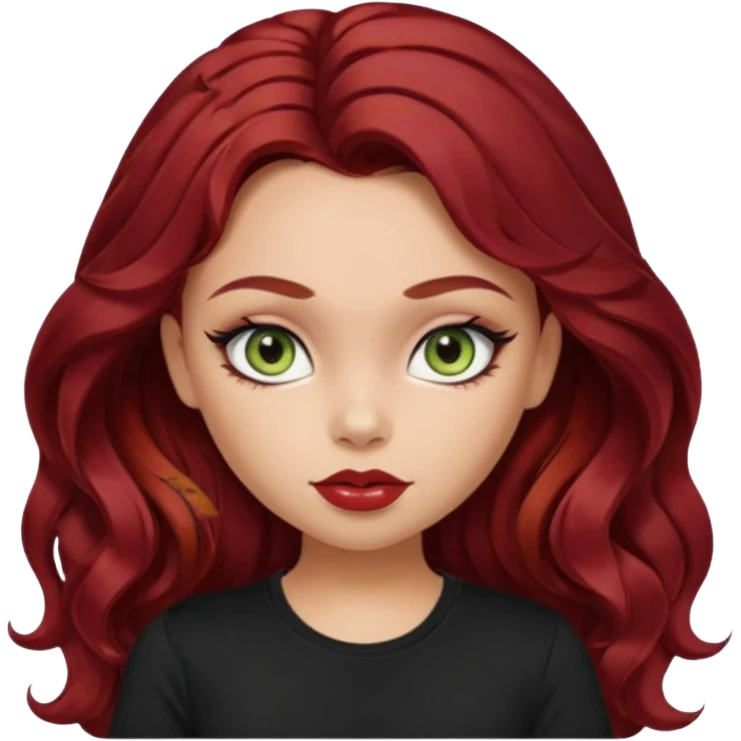 a pretty fair bratz girl with wavy dark red hair, wearing a black tee. eyeliner on, olive green eyes. Waist up emoji