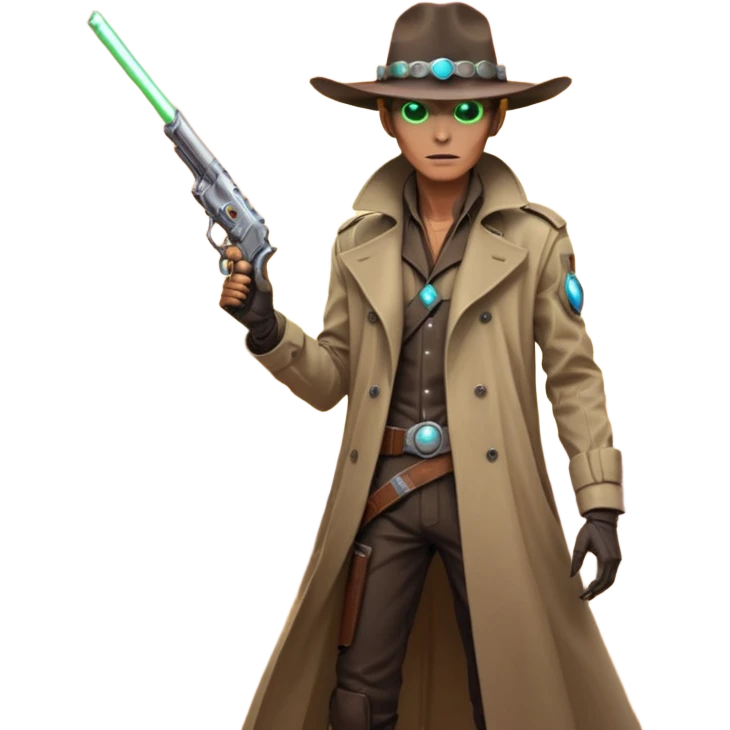 A tall alien cowboy standing in a dusty desert on an alien planet, wearing a futuristic cowboy hat and long trench coat, glowing eyes, twin plasma revolvers on his belt, dramatic sunset, cinematic lighting, ultra realistic, high detail, epic sci-fi western atmosphere

 emoji