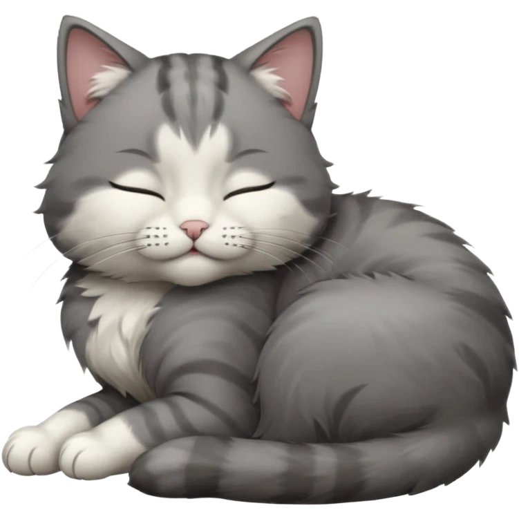 dark grey and white small cat with closed eyes, leaning his head on his paw while leaning on his elbow lying down emoji