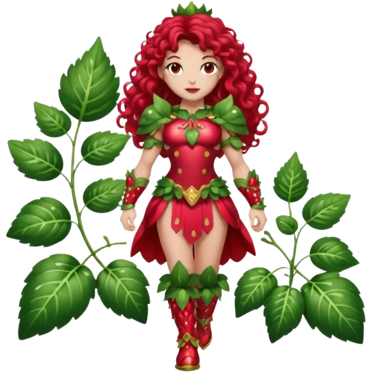 full body woman long curly brown hair brown eyes white skin tattoos muscular build dressed as strawberry spirit, glossy berry armor, leaf boots, confident pose emoji