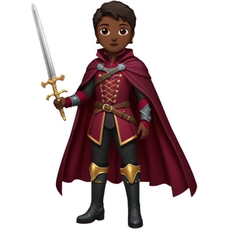 Vestimenta: Ropa de noble — chaqueta ajustada, capa corta, botas altas y espada al cinto. Colores oscuros (rojo vino, negro, granate) emoji