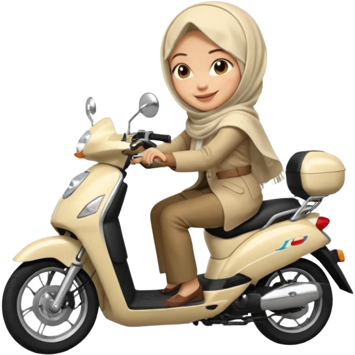 A woman wearing a cream colored pashmina hijab riding a motorbike pcx emoji