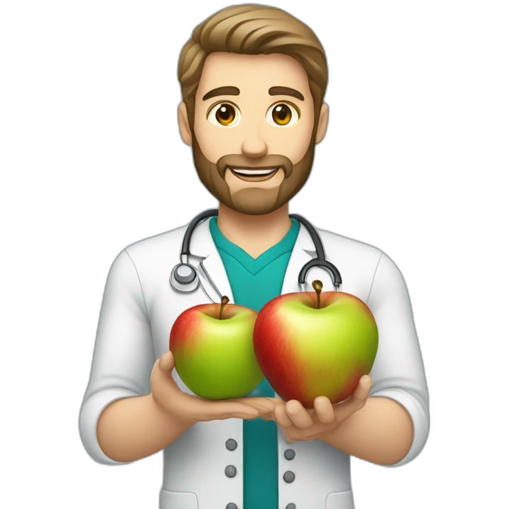 A male nutritionist with a full beard and dark blonde hair and white skin holding an apple in his hand. emoji