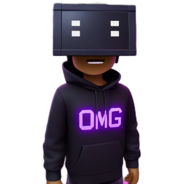 Minecraft steve wearing a black hoodie with "OMG" letters on it and VR headset in a cyberpunk VR environment with violet neon lighting. emoji