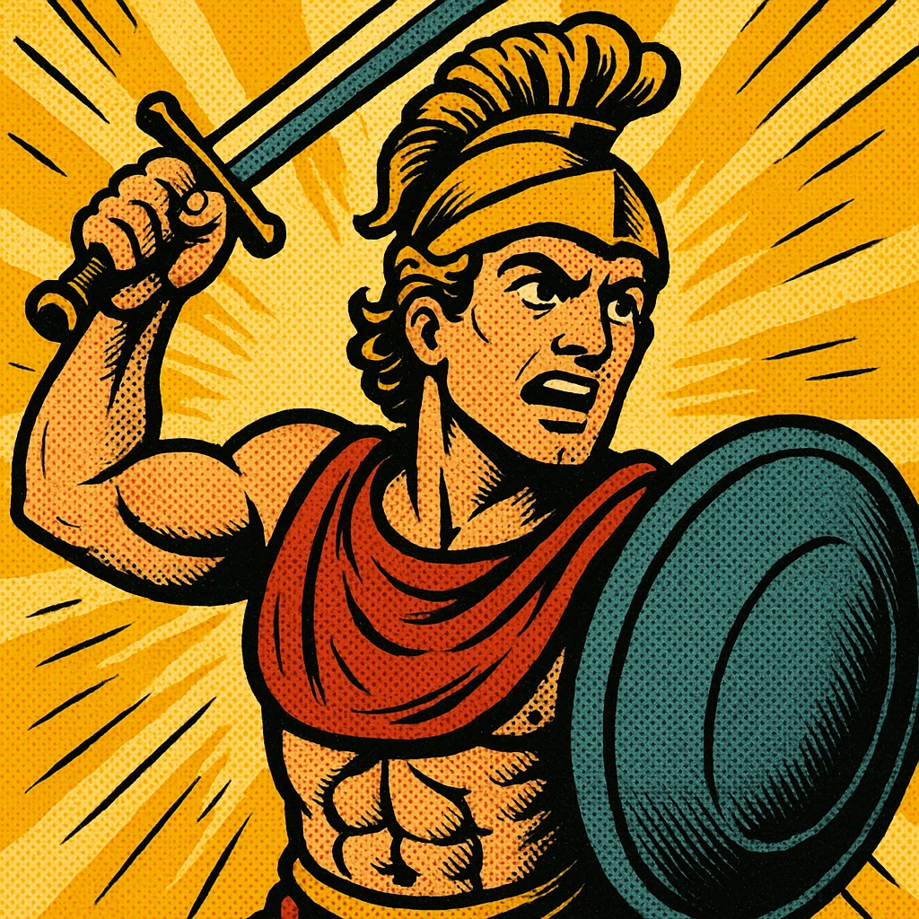 mythical hero, ancient Greek style, heroic expression, comic book style emoji