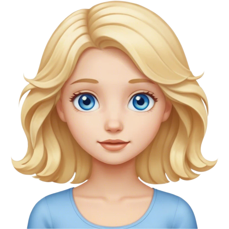 A cute girl with medium-length blond hair and blue eyes waves hello emoji