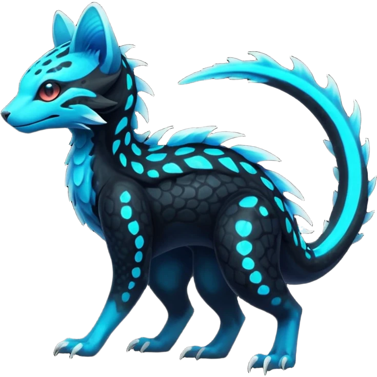 Rare realistic black-scaled neon-glowing bioluminescent edgy badass epic pretty beautiful handsome gorgeous aesthetic colorful vibrant Vernid-Trico-Amaura-species-Fakemon-creature by LiLaiRa, 4 legs, 1 tail, random markings, (full body) emoji