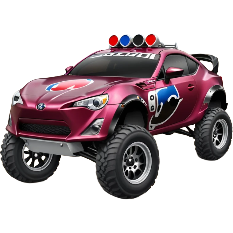 Distressed Extended wheelbase 2013 scion fr-s dark black cherry off road 4wd monster Baja dessert stadium racer number 86 with long travel suspension, shiny silver wheels, exaggerated black fender flares, made out of discarded Pepsi cans  emoji
