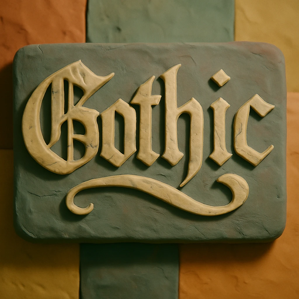 the word 'Gothic' in ornate gothic calligraphy, claymation style emoji