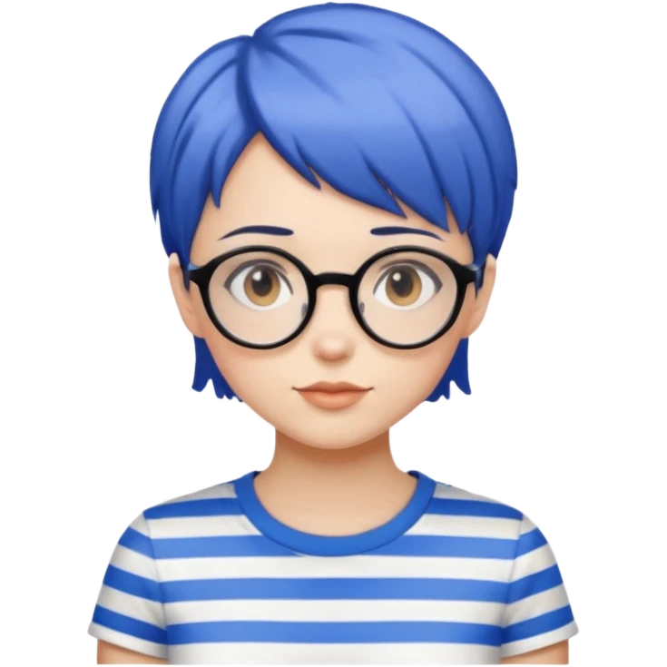A girl with blue and black striped short hair with clear circle glasses with brown eyes and a white t-shirt emoji