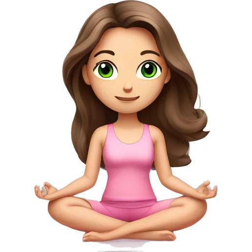 Brunette long hair and green eyes yoga beautiful girl in light pink pink pink clothes sitting on a yoga mat emoji