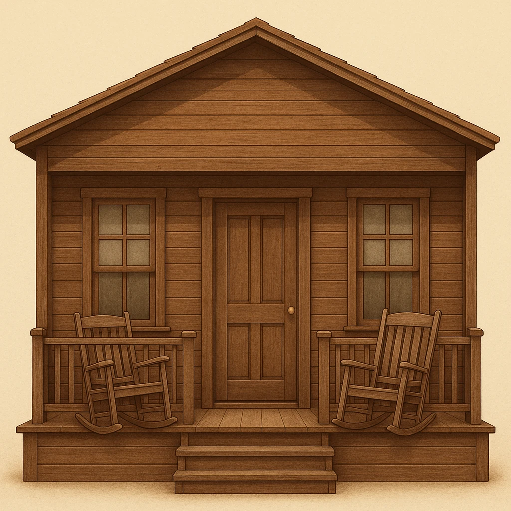Puerto Rican wooden house facade, central door, two windows, front balcony with rocking chair, scenic frame, humble but well-maintained, warm and authentic, brown color, wooden texture emoji