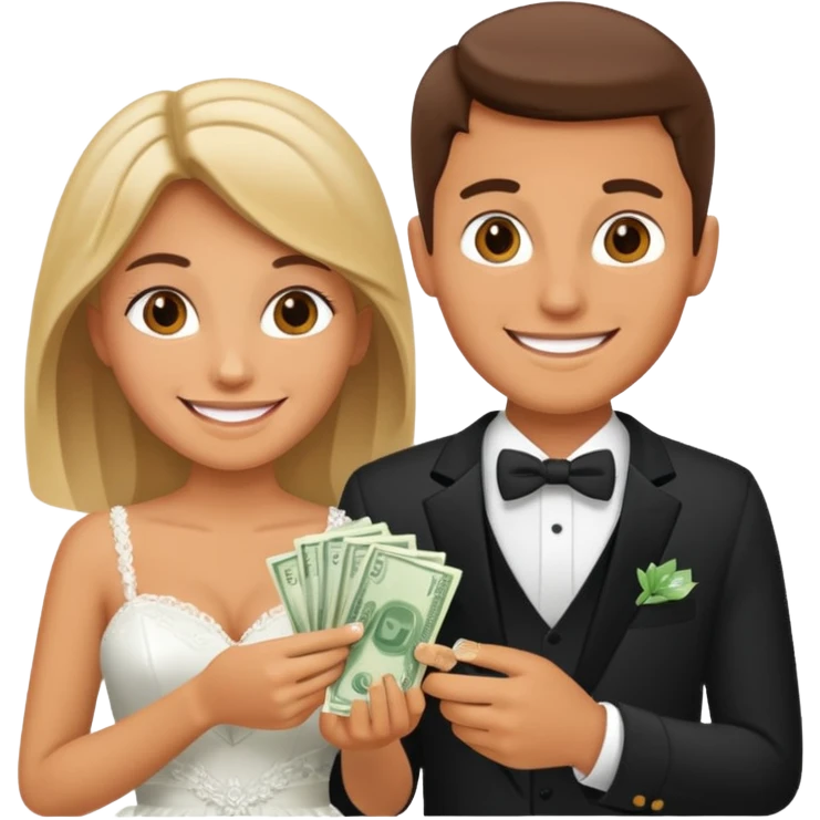 a newlywed couple holding money emoji