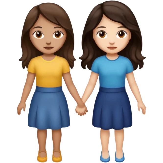 Longer wavy hair for one and straight for the other both dark brown hair. Light skin tone holding hands. Both woman emoji