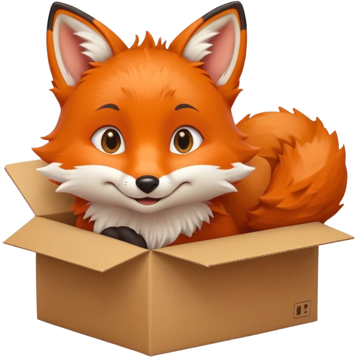 smiling fox curled in a box, gazing up with playful eyes, emoji style emoji