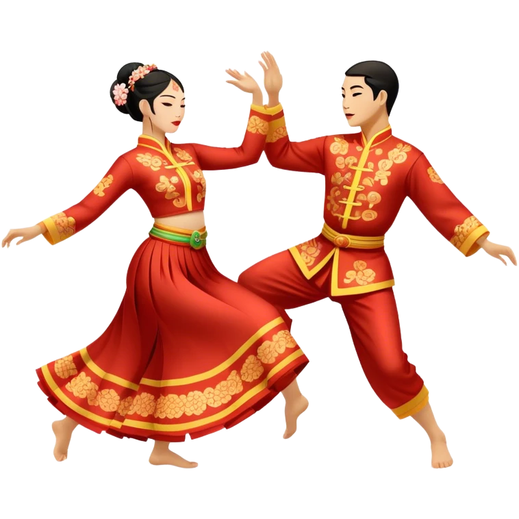 Cinematic Realistic scene of two performers executing a traditional Vietnamese folk dance, adorned in intricately patterned traditional costumes, captured in fluid motion with soft, culturally rich lighting emoji