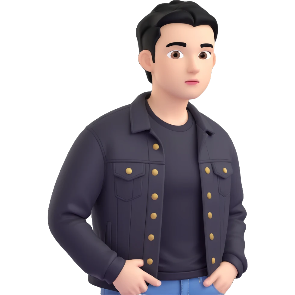 3D emoji Microsoft style, young man with black hair, wearing black t-shirt and black denim jacket, based on photo reference, neutral facial expression emoji