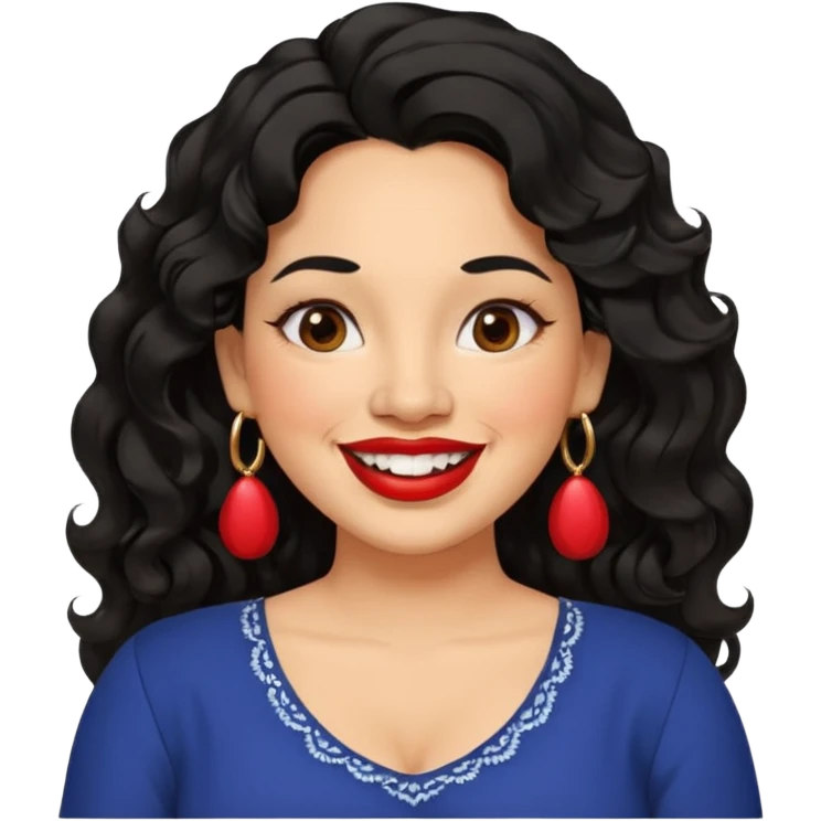 40 yr old Mexican woman, slightly chubby, wavy/curly long black hair, red lipstick, big smile, white teeth, brown eyes, hoop earings, side part to hair, round face, nice blouse, no wrinkle hair side swept, big hoop earing emoji