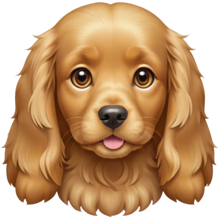 Cinematic Cute Gold Cocker Spaniel Portrait Emoji, Head tilted playfully and inquisitively, showcasing a silky, golden coat with a natural sheen, round, sparkling brown eyes filled with curiosity, Simplified yet irresistibly adorable features, highly detailed, glowing with a warm, friendly glow, high shine, affectionate and lively, stylized with a touch of whimsy, bright and endearing, soft glowing outline, capturing the essence of a mischievous yet loving pup, so playful it feels like it could bound out of the screen and into your arms! emoji