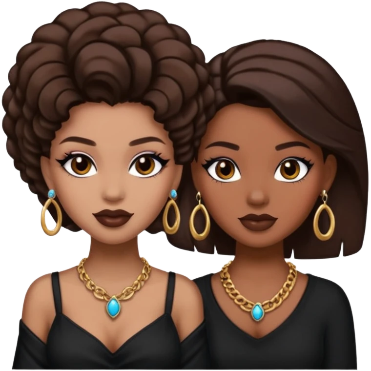 Boujy baddie best friends, trendy heavy makeup both dark hair one light skinned and one mocha brown pretty hair both wearing black and earrings and necklace one mocha brown skin emoji