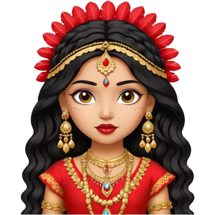 a pretty bratz fair indian girl wearing a red indian wedding outfit,  golden jewellery, black wavy hair emoji