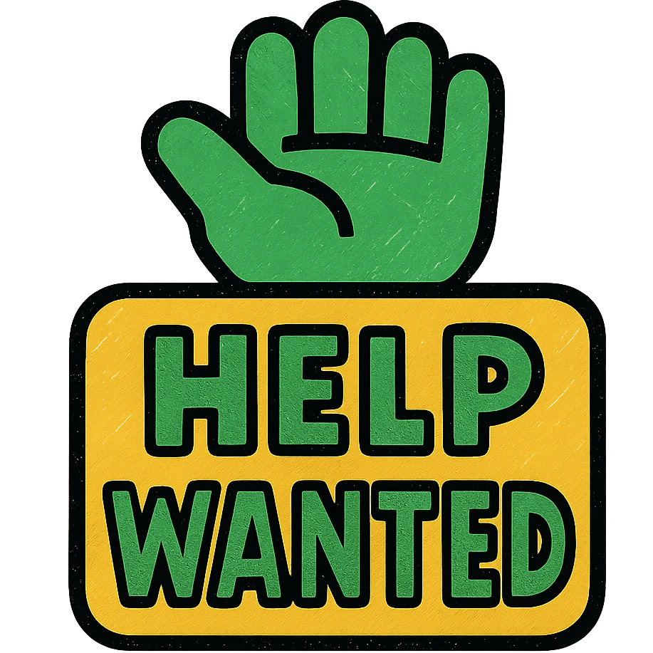 help wanted sign, modern look, green gold and white color scheme, rounded shapes, simple design emoji