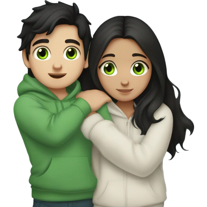 A black haired girl with green eyes who is approximately 5,2 with a black hoodie and pijamas hugging a blue eyed light brunette boy with freckles wearing pijamas and a white hoodie emoji